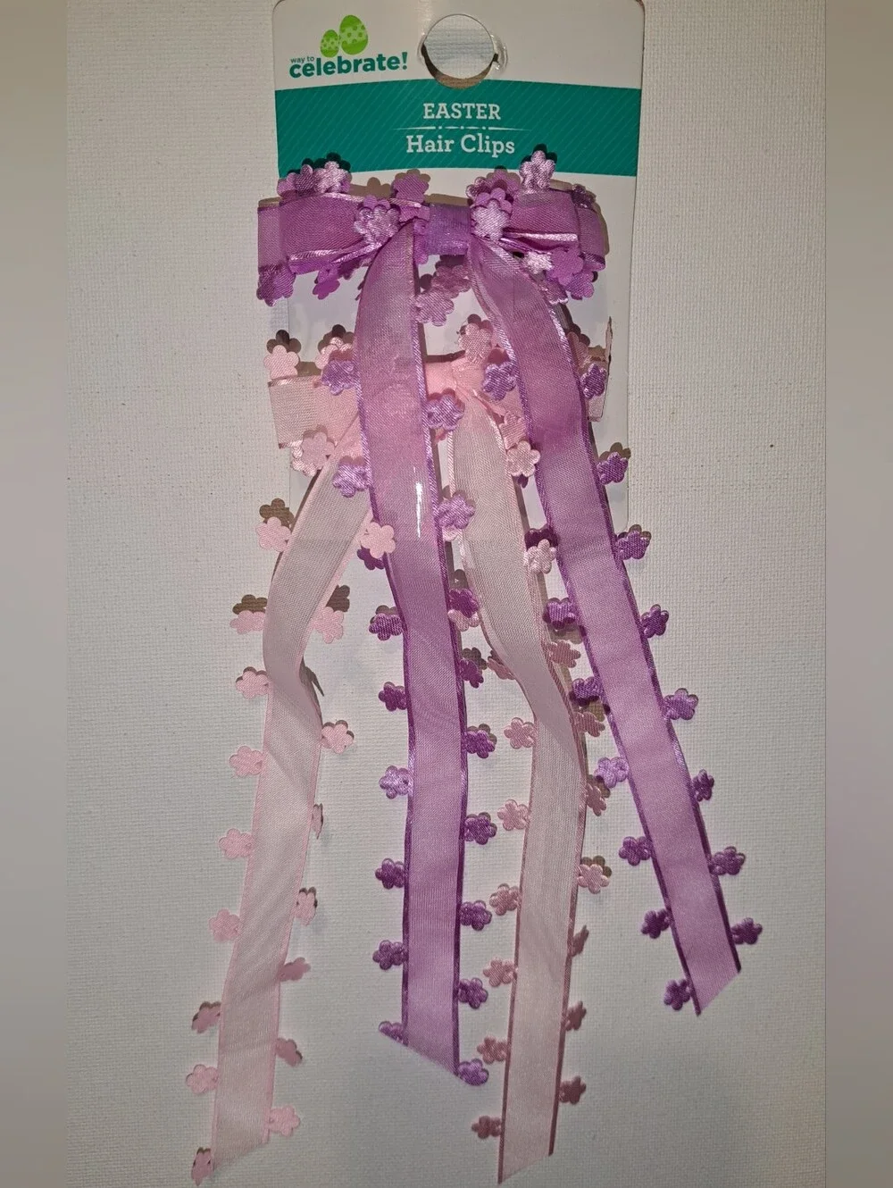 NWT Way To Celebrate! Easter Ribbon Bow Flower Hair Clips Purple & Pink